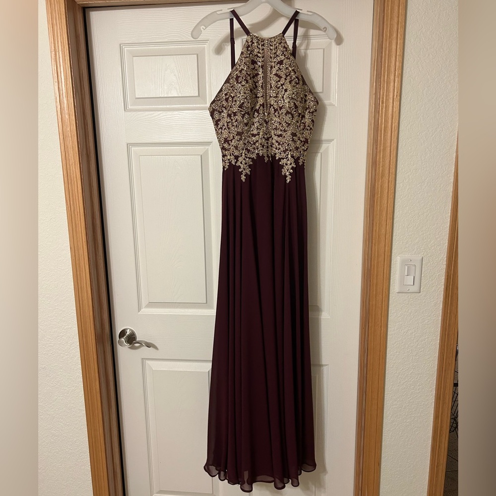 Xscape Burgundy and Gold Maxi Dress